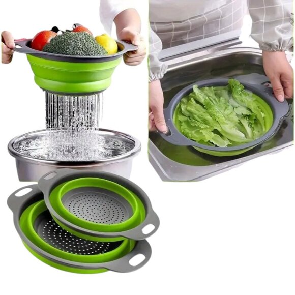 2-Pack Collapsible Space-Saving Silicone Kitchen Colanders Green Strainers Round - Picture 1 of 6